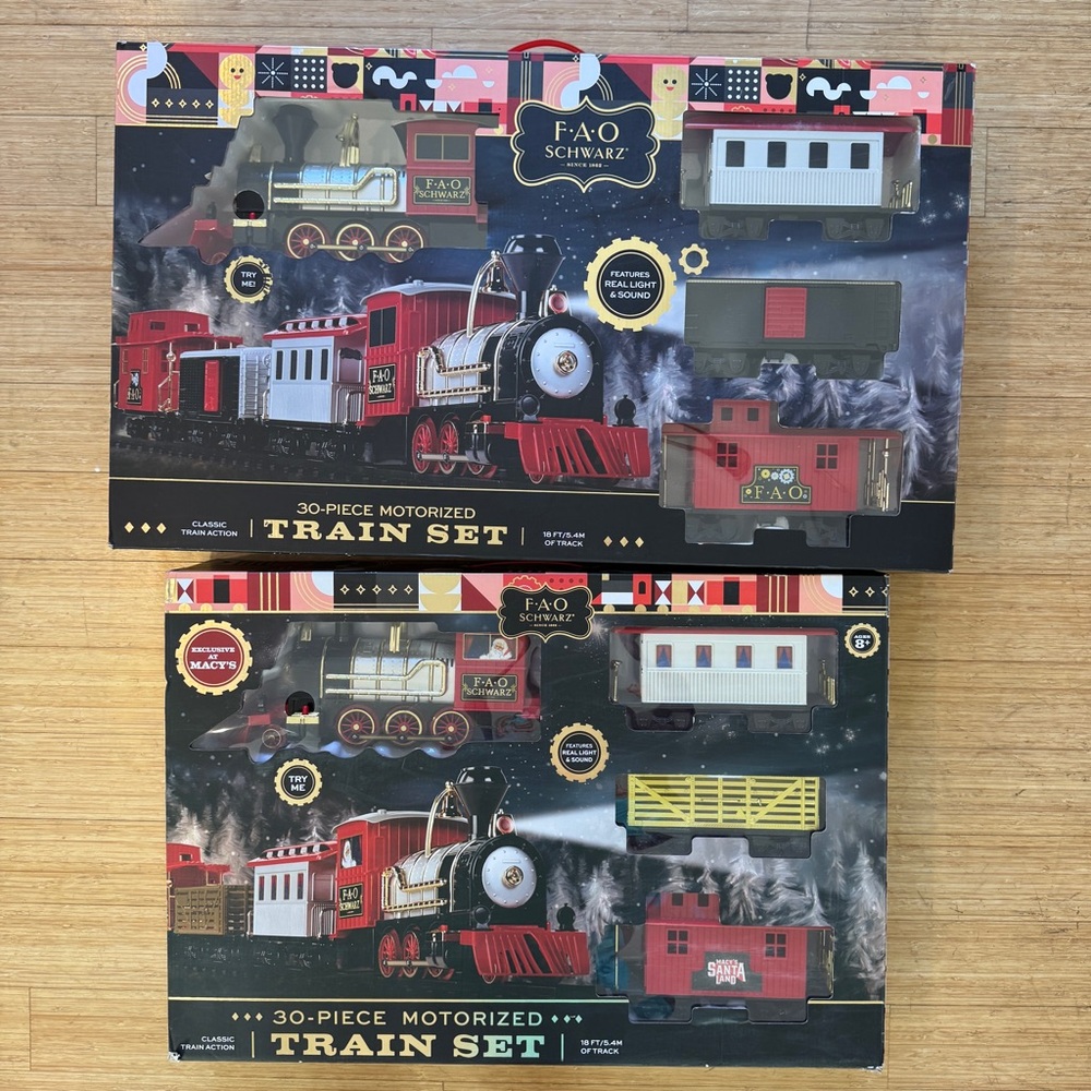 TWO FAO Schwarz Kids 30-Piece Motorized Train Sets. GUC.
